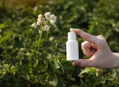 Garden season problems and solution. Cropped photo hand of farmer holds white bottle with mock up for poison, pesticide liquid from plant diseases and pests on natural potatoes blooming background
